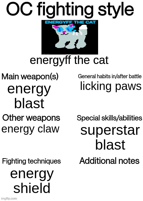 OC fighting style | energyff the cat; licking paws; energy blast; superstar blast; energy claw; energy shield | image tagged in oc fighting style | made w/ Imgflip meme maker