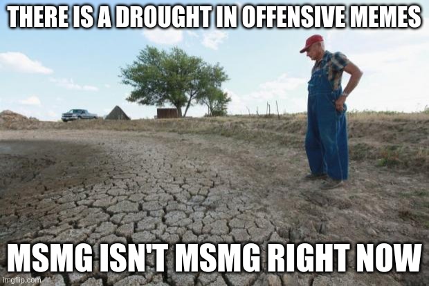 Drought Farmer | THERE IS A DROUGHT IN OFFENSIVE MEMES; MSMG ISN'T MSMG RIGHT NOW | image tagged in drought farmer | made w/ Imgflip meme maker