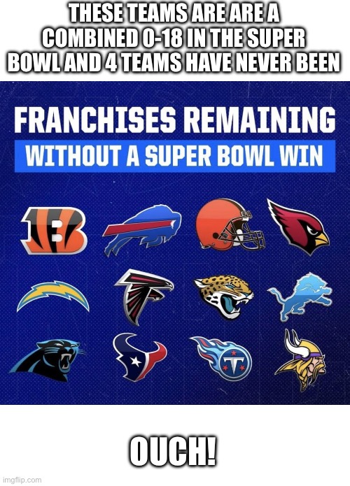 Super Bowl Drought | THESE TEAMS ARE ARE A COMBINED 0-18 IN THE SUPER BOWL AND 4 TEAMS HAVE NEVER BEEN; OUCH! | image tagged in super bowl,nfl memes,minnesota vikings,buffalo bills,detroit lions | made w/ Imgflip meme maker