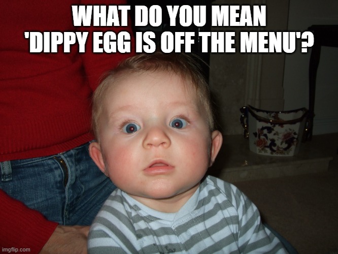 WHAT DO YOU MEAN 'DIPPY EGG IS OFF THE MENU'? | image tagged in worry | made w/ Imgflip meme maker