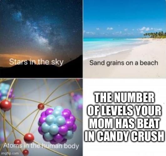 impossible things to count | THE NUMBER OF LEVELS YOUR MOM HAS BEAT IN CANDY CRUSH | image tagged in impossible things to count | made w/ Imgflip meme maker