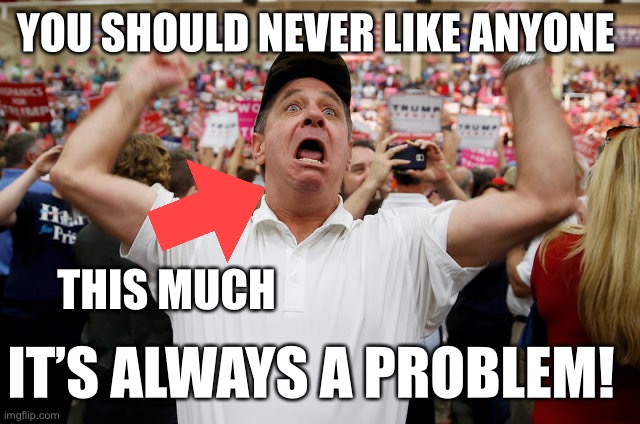 Trump Supporter Triggered | YOU SHOULD NEVER LIKE ANYONE THIS MUCH IT’S ALWAYS A PROBLEM! | image tagged in trump supporter triggered | made w/ Imgflip meme maker