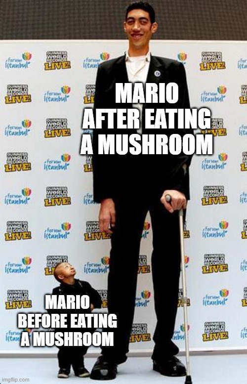 the tallest and shortest man in the world | MARIO AFTER EATING A MUSHROOM; MARIO BEFORE EATING A MUSHROOM | image tagged in the tallest and shortest man in the world | made w/ Imgflip meme maker