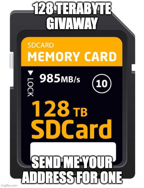 128 Terabyte SD Card! | 128 TERABYTE GIVAWAY; SEND ME YOUR ADDRESS FOR ONE | image tagged in 128 terabyte sd card | made w/ Imgflip meme maker