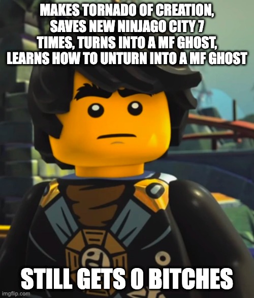 Cole meme | MAKES TORNADO OF CREATION, SAVES NEW NINJAGO CITY 7 TIMES, TURNS INTO A MF GHOST, LEARNS HOW TO UNTURN INTO A MF GHOST; STILL GETS 0 BITCHES | image tagged in ninjago | made w/ Imgflip meme maker