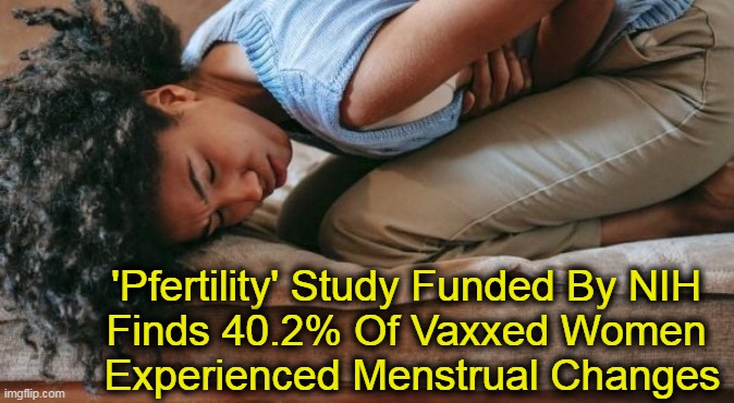 Hmmm | 'Pfertility' Study Funded By NIH 
Finds 40.2% Of Vaxxed Women 
Experienced Menstrual Changes | image tagged in politics,pfizer,nih,women,side effects,covid vaccine | made w/ Imgflip meme maker