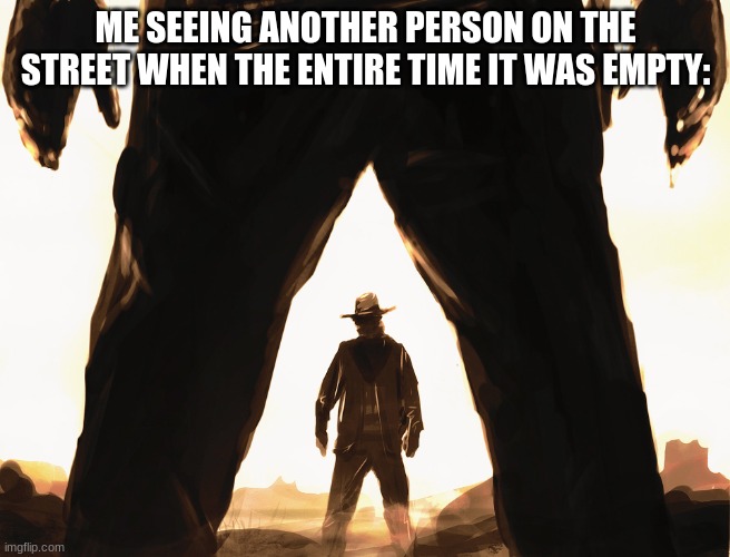 seeing someone on the street | ME SEEING ANOTHER PERSON ON THE STREET WHEN THE ENTIRE TIME IT WAS EMPTY: | image tagged in cowboy duel | made w/ Imgflip meme maker