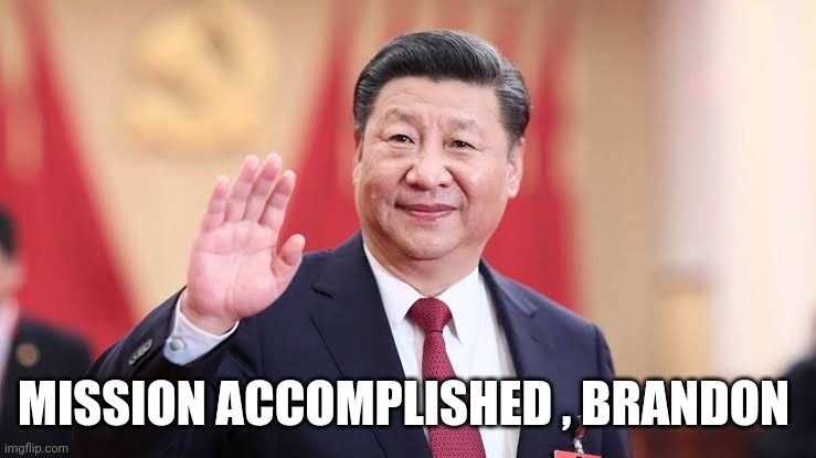 Xi Jinping | MISSION ACCOMPLISHED , BRANDON | image tagged in xi jinping | made w/ Imgflip meme maker