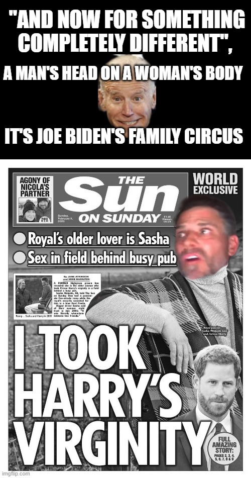 "and now for something completely different" |  "AND NOW FOR SOMETHING COMPLETELY DIFFERENT", A MAN'S HEAD ON A WOMAN'S BODY; IT'S JOE BIDEN'S FAMILY CIRCUS | image tagged in joe biden,hunter biden,fake news,family circus | made w/ Imgflip meme maker