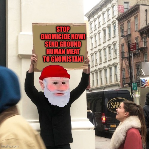 Gnome rights | STOP GNOMICIDE NOW!
SEND GROUND HUMAN MEAT TO GNOMISTAN! | image tagged in gnome,rights | made w/ Imgflip meme maker