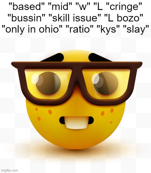 Nerd emoji | "based" "mid" "w" "L "cringe" "bussin" "skill issue" "L bozo" "only in ohio" "ratio" "kys" "slay" | image tagged in nerd emoji | made w/ Imgflip meme maker