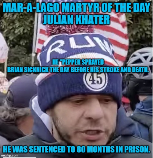 He "Didn't Kill," Brian Sicknick.  Did he "Not Kill," him? | MAR-A-LAGO MARTYR OF THE DAY
JULIAN KHATER; HE "PEPPER SPRAYED BRIAN SICKNICK THE DAY BEFORE HIS STROKE AND DEATH. HE WAS SENTENCED TO 80 MONTHS IN PRISON. | image tagged in politics | made w/ Imgflip meme maker