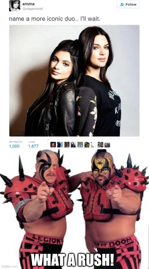 Legion Of Doom | WHAT A RUSH! | image tagged in name a more iconic duo,legion of doom,wwe,wwf,tag team | made w/ Imgflip meme maker
