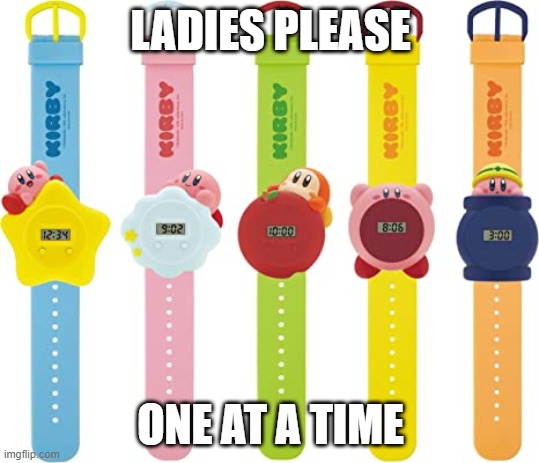 Funny | LADIES PLEASE; ONE AT A TIME | image tagged in kirby has found your sin unforgivable | made w/ Imgflip meme maker