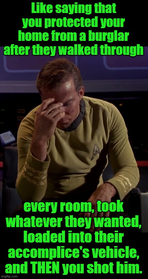 Kirk face palm | Like saying that you protected your home from a burglar after they walked through every room, took whatever they wanted, loaded into their a | image tagged in kirk face palm | made w/ Imgflip meme maker