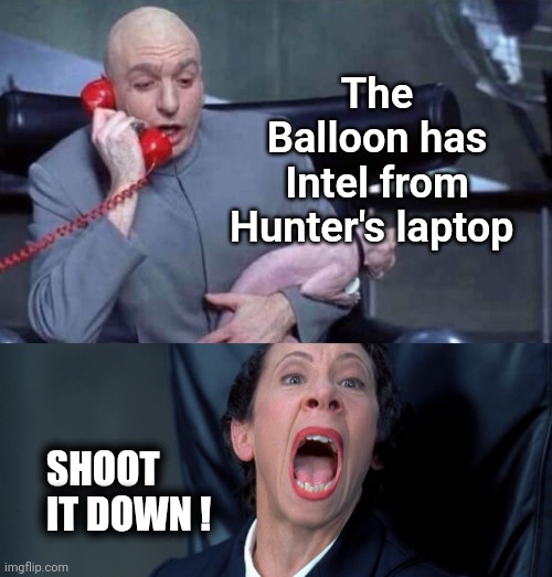Why they finally did it | The Balloon has Intel from Hunter's laptop; SHOOT IT DOWN ! | image tagged in dr evil and frau,let's go brandon,chinese spy,politicians suck,made in china,president | made w/ Imgflip meme maker
