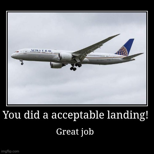 Landing | You did a acceptable landing! | Great job | image tagged in funny,demotivationals,united airlines | made w/ Imgflip demotivational maker