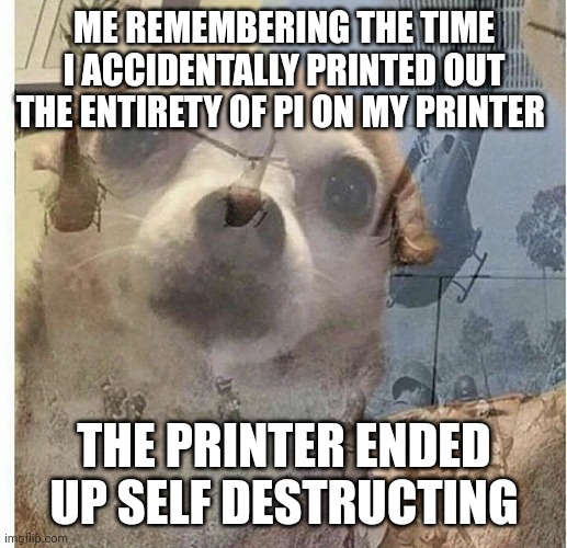 When the printer explodes trying to print out | ME REMEMBERING THE TIME I ACCIDENTALLY PRINTED OUT THE ENTIRETY OF PI ON MY PRINTER; THE PRINTER ENDED UP SELF DESTRUCTING | image tagged in ptsd chihuahua | made w/ Imgflip meme maker