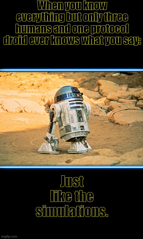 R2-D2 is basically knowing everything- | When you know everything but only three humans and one protocol droid ever knows what you say:; Just like the simulations. | image tagged in r2-d2,knows,everything,starwars | made w/ Imgflip meme maker