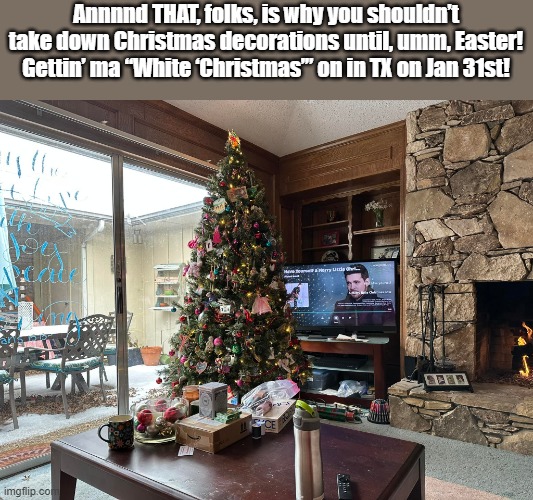 THIS Is Why You Don't Take Christmas Down Decorations |  Annnnd THAT, folks, is why you shouldn’t take down Christmas decorations until, umm, Easter! Gettin’ ma “White ‘Christmas’” on in TX on Jan 31st! | image tagged in christmas,christmas decorations,snow,white christmas | made w/ Imgflip meme maker