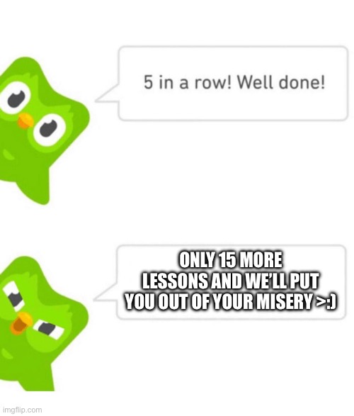 Then it will all be over… | ONLY 15 MORE LESSONS AND WE’LL PUT YOU OUT OF YOUR MISERY >:) | image tagged in duolingo 5 in a row,duolingo bird,duolingo | made w/ Imgflip meme maker