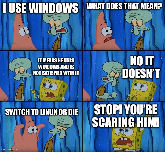 ? |  I USE WINDOWS; WHAT DOES THAT MEAN? NO IT DOESN’T; IT MEANS HE USES WINDOWS AND IS NOT SATISFIED WITH IT; SWITCH TO LINUX OR DIE; STOP! YOU’RE SCARING HIM! | image tagged in stop it patrick you're scaring him | made w/ Imgflip meme maker