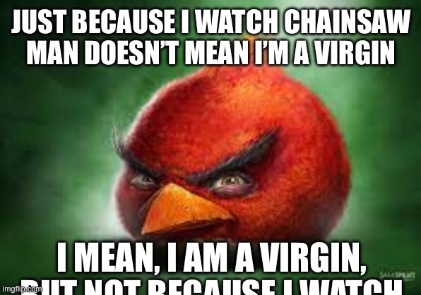 Realistic Red Angry Birds | JUST BECAUSE I WATCH CHAINSAW MAN DOESN’T MEAN I’M A VIRGIN I MEAN, I AM A VIRGIN, BUT NOT BECAUSE I WATCH | image tagged in realistic red angry birds | made w/ Imgflip meme maker