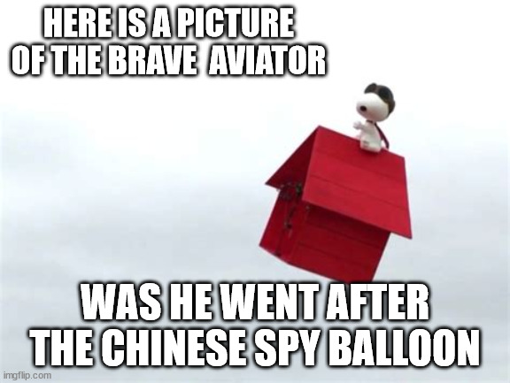 Snoopy vs spy balloon | HERE IS A PICTURE OF THE BRAVE  AVIATOR; WAS HE WENT AFTER THE CHINESE SPY BALLOON | image tagged in humor | made w/ Imgflip meme maker