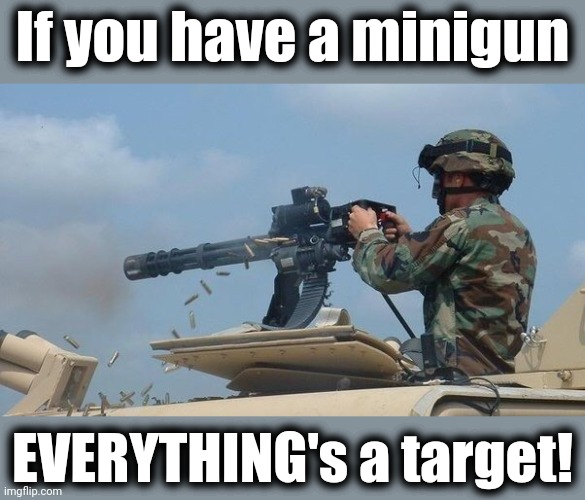 Minigun meme | If you have a minigun EVERYTHING's a target! | image tagged in minigun meme | made w/ Imgflip meme maker