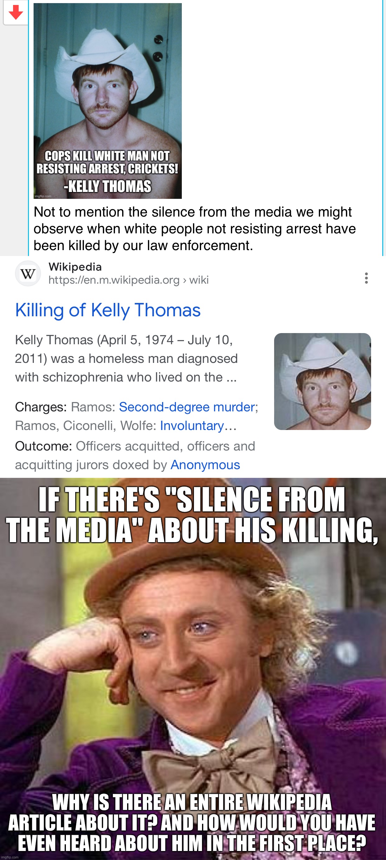 Imgflip conservatives can't help but lie through their teeth | IF THERE'S "SILENCE FROM THE MEDIA" ABOUT HIS KILLING, WHY IS THERE AN ENTIRE WIKIPEDIA ARTICLE ABOUT IT? AND HOW WOULD YOU HAVE EVEN HEARD ABOUT HIM IN THE FIRST PLACE? | image tagged in memes,creepy condescending wonka | made w/ Imgflip meme maker