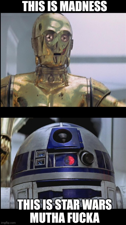 Star Wars C3PO: This is Madness! R2D2: Madness? THIS IS STAR WAR | THIS IS MADNESS THIS IS STAR WARS
MUTHA FUCKA | image tagged in star wars c3po this is madness r2d2 madness this is star war | made w/ Imgflip meme maker
