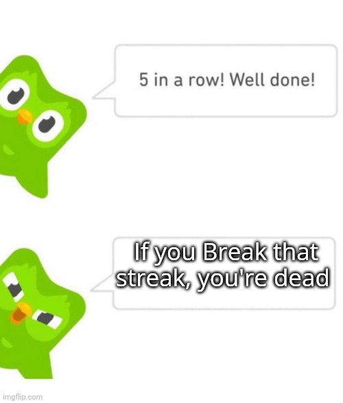 Duolingo 5 in a row | If you Break that streak, you're dead | image tagged in duolingo 5 in a row | made w/ Imgflip meme maker