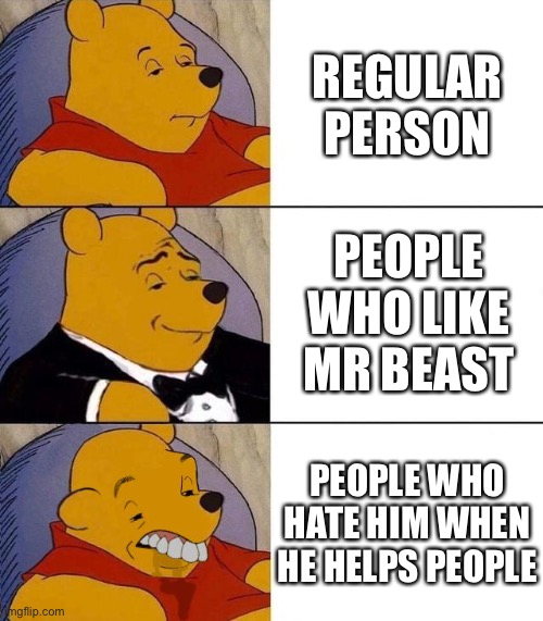 So manny people are mad because he helped blind people | REGULAR PERSON; PEOPLE WHO LIKE MR BEAST; PEOPLE WHO HATE HIM WHEN HE HELPS PEOPLE | image tagged in best better blurst,mr beast,tuxedo winnie the pooh | made w/ Imgflip meme maker