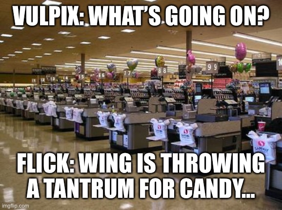 Wing throws a fit | VULPIX: WHAT’S GOING ON? FLICK: WING IS THROWING A TANTRUM FOR CANDY… | image tagged in supermarket | made w/ Imgflip meme maker