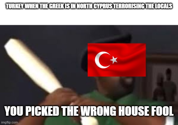 You picked the wrong house fool | TURKEY WHEN THE GREEK IS IN NORTH CYPRUS TERRORISING THE LOCALS; YOU PICKED THE WRONG HOUSE FOOL | image tagged in you picked the wrong house fool | made w/ Imgflip meme maker