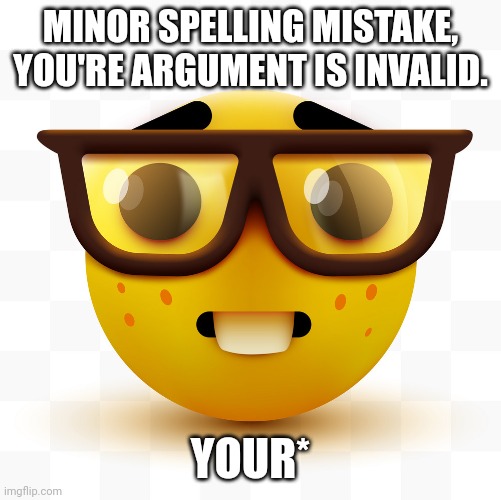 Um, actually | MINOR SPELLING MISTAKE, YOU'RE ARGUMENT IS INVALID. YOUR* | image tagged in nerd emoji | made w/ Imgflip meme maker