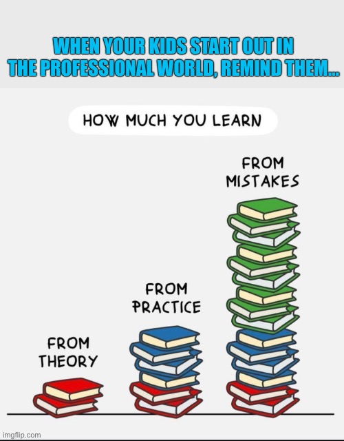 Professional World Learning | WHEN YOUR KIDS START OUT IN THE PROFESSIONAL WORLD, REMIND THEM… | image tagged in practice,theory,mistakes,growth | made w/ Imgflip meme maker
