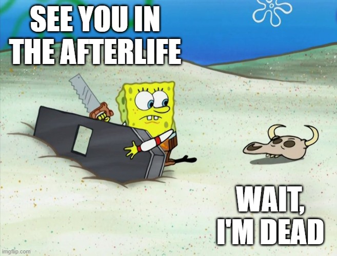 SEE YOU IN THE AFTERLIFE; WAIT, I'M DEAD | image tagged in dead,spongebob,coffin | made w/ Imgflip meme maker