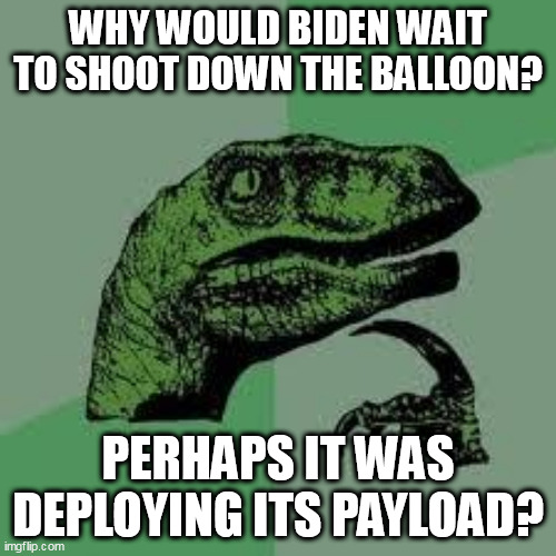 Can't use Wuhan anymore. | WHY WOULD BIDEN WAIT TO SHOOT DOWN THE BALLOON? PERHAPS IT WAS DEPLOYING ITS PAYLOAD? | image tagged in dinosaur,biden,fauci | made w/ Imgflip meme maker