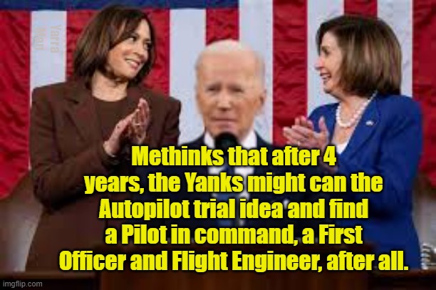 America  may can the Autopilot idea in 24 |  Yarra Man; Methinks that after 4 years, the Yanks might can the Autopilot trial idea and find a Pilot in command, a First Officer and Flight Engineer, after all. | image tagged in biden,kamala,pelosi,democrats,us,dementia | made w/ Imgflip meme maker