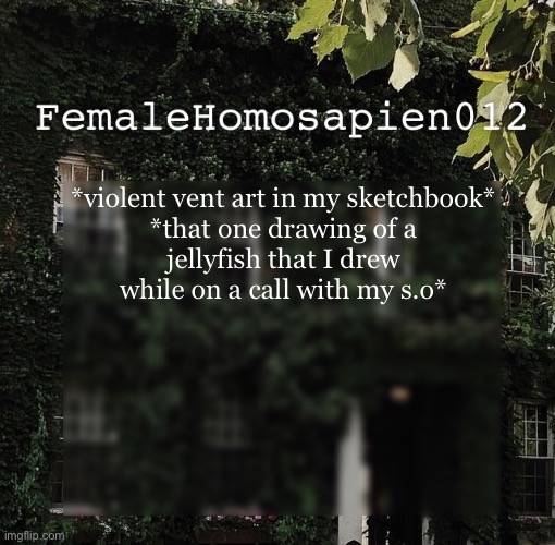 FemaleHomosapien012 | *violent vent art in my sketchbook*

*that one drawing of a jellyfish that I drew while on a call with my s.o* | image tagged in femalehomosapien012 | made w/ Imgflip meme maker