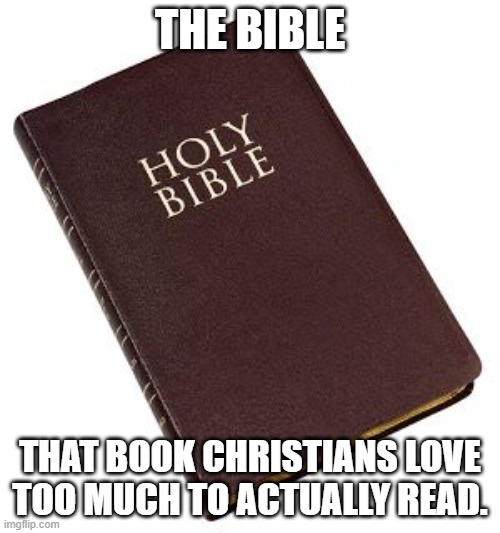 Holy Bible | THE BIBLE; THAT BOOK CHRISTIANS LOVE TOO MUCH TO ACTUALLY READ. | image tagged in holy bible | made w/ Imgflip meme maker