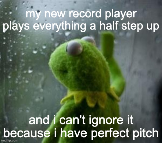 it makes me so sad, because i have some amazing records | my new record player plays everything a half step up; and i can't ignore it because i have perfect pitch | image tagged in sad kermit at window,music,sad | made w/ Imgflip meme maker