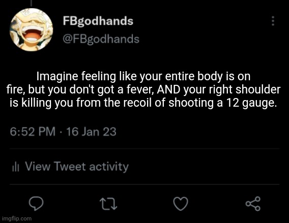 Yea, my body is falling apart as we speak | Imagine feeling like your entire body is on fire, but you don't got a fever, AND your right shoulder is killing you from the recoil of shooting a 12 gauge. | image tagged in pie charts | made w/ Imgflip meme maker