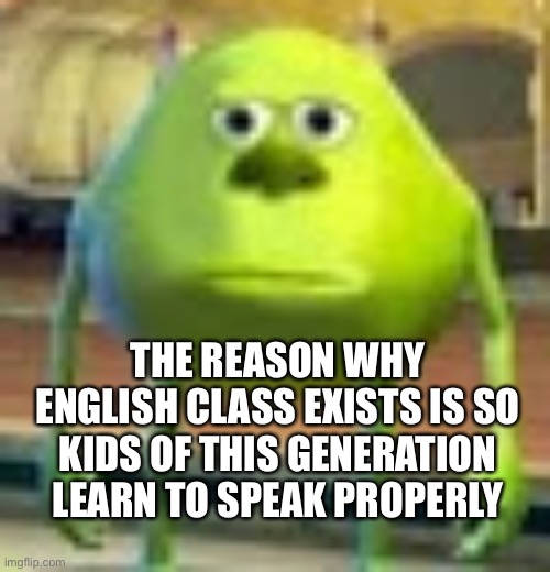 Not the real reason | THE REASON WHY ENGLISH CLASS EXISTS IS SO KIDS OF THIS GENERATION LEARN TO SPEAK PROPERLY | image tagged in sully wazowski | made w/ Imgflip meme maker