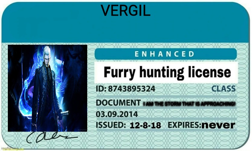 furry hunting license | VERGIL; I AM THE STORM THAT IS APPROACHING! | image tagged in furry hunting license,anti furry | made w/ Imgflip meme maker