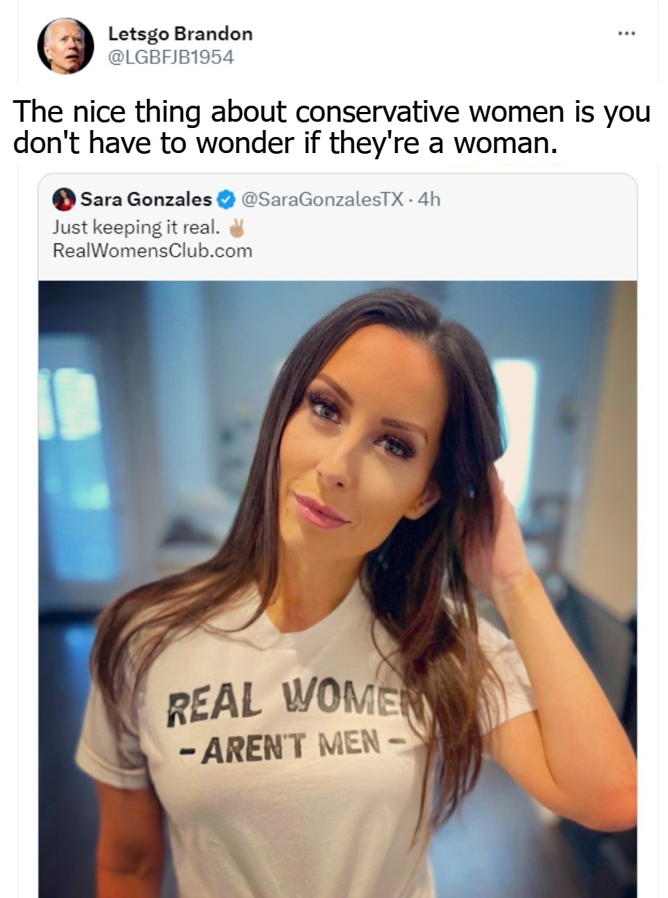 The nice thing about conservative women is you don't have to wonder if they're a woman. | The nice thing about conservative women is you 
don't have to wonder if they're a woman. | image tagged in wonderwoman,wonderwomen,tired of hearing about transgenders,look mom no balls,real ta tas | made w/ Imgflip meme maker