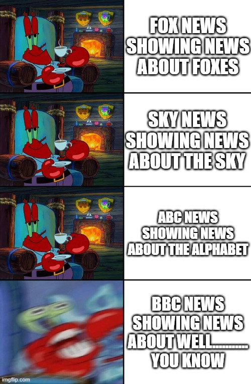 If you know, you know | FOX NEWS SHOWING NEWS ABOUT FOXES; SKY NEWS SHOWING NEWS ABOUT THE SKY; ABC NEWS SHOWING NEWS ABOUT THE ALPHABET; BBC NEWS SHOWING NEWS ABOUT WELL........... YOU KNOW | image tagged in shocked mr krabs | made w/ Imgflip meme maker