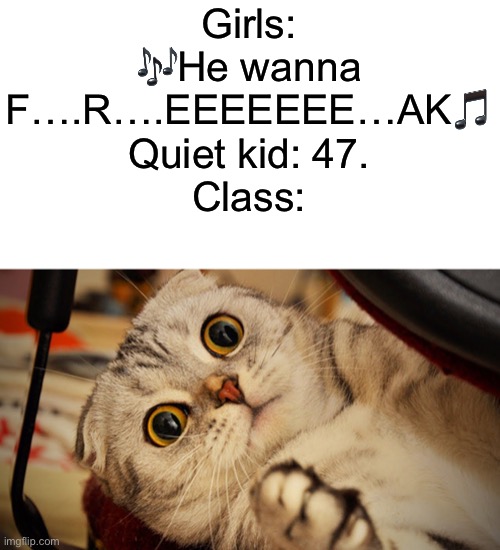 Uh oh | Girls: 🎶He wanna F….R….EEEEEEE…AK🎵
Quiet kid: 47.
Class: | image tagged in blank white template | made w/ Imgflip meme maker