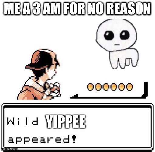 me at 3 am for no reason | ME A 3 AM FOR NO REASON; YIPPEE | image tagged in blank wild pokemon appears,yippee | made w/ Imgflip meme maker